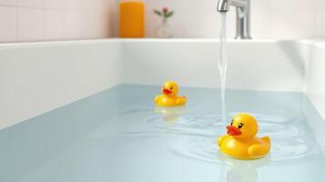 Two rubber ducks float in a bathtub while water runs from the faucet in a bright bathroom setting photo