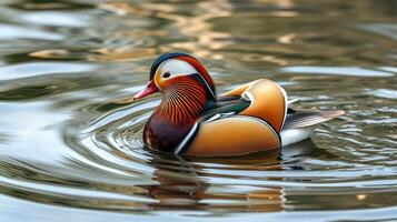 Male mandarin duck gracefully swims in calm water creating ripples at a serene lake in the early afternoon sun photo