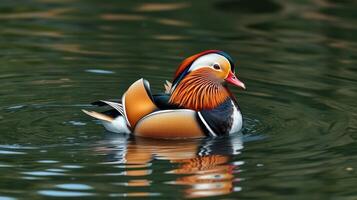 Colorful mandarin duck swimming in tranquil water during a sunny day photo