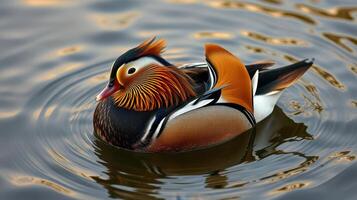 Colorful mandarin duck swimming peacefully in a serene pond during a sunny afternoon photo