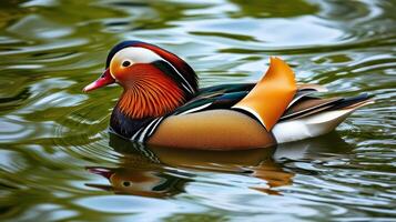 Colorful mandarin duck gracefully swimming in a serene pond during daylight photo