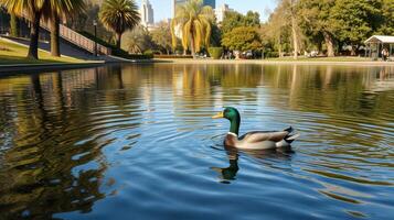 Mallard duck swimming peacefully in a city park lake surrounded by greenery and urban skyline photo