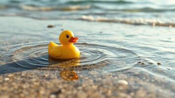 Bright yellow rubber duck floats peacefully in gentle waves on a sandy beach during a sunny day photo
