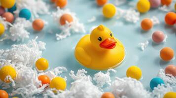 Brightly colored rubber duck floating in a playful arrangement of foam and candy-like balls on a light blue background photo