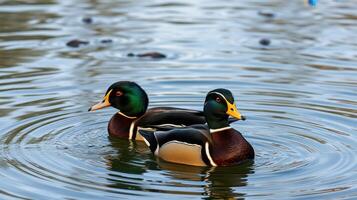 Ducks swimming in a tranquil pond surrounded by gentle ripples at sunset photo