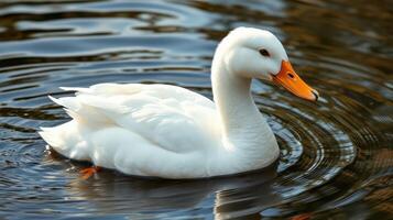 White duck swimming in clear water with ripples reflecting sunlight in a tranquil setting during midday photo
