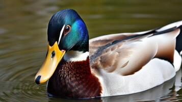 Colorful mallard duck swimming gracefully in a tranquil pond during daylight hours photo