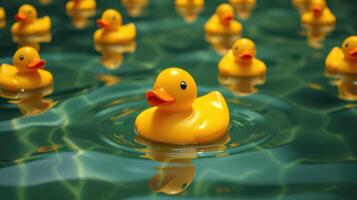 Yellow rubber ducks floating on a calm water surface in a serene setting during daylight hours photo