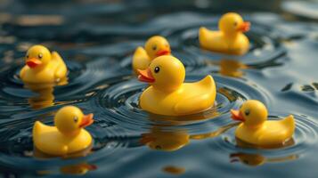 Colorful rubber ducks float in calm water creating a playful atmosphere in an outdoor setting during daylight photo