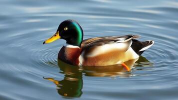 Colorful mallard duck swimming gently on a serene lake during a sunny day photo