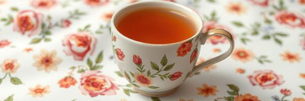 Delicate floral cup filled with tea resting on a patterned tablecloth photo