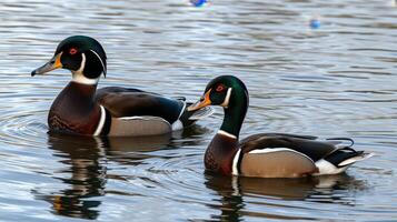 Two male wood ducks swimming gracefully on a tranquil lake at dawn photo