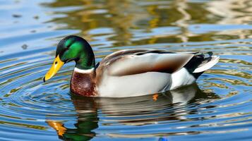 Mallard duck swimming in a serene pond with rippling water reflecting natural surroundings photo