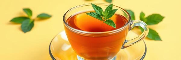 Mint tea served in a clear cup with a bright yellow background and fresh mint leaves arranged around photo