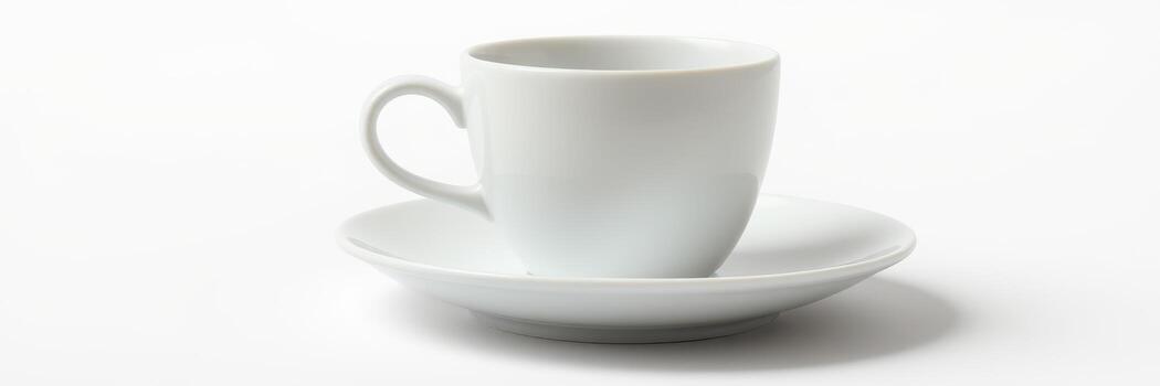 Simple white coffee cup positioned on a saucer against a minimalist background photo