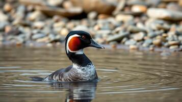 Colorful duck swimming on a calm lake surrounded by pebbles in tranquil natural setting photo