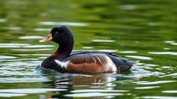 Beautiful duck swimming gracefully on a serene pond surrounded by vibrant greenery photo