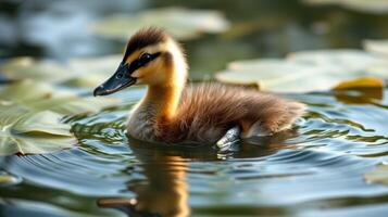 Cute duckling swims peacefully among lily pads in a serene pond during the summer afternoon photo