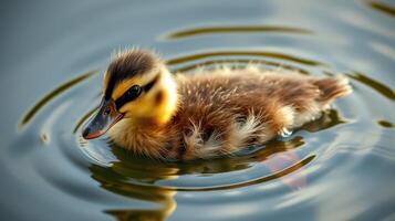 Cute duckling swims in calm water surrounded by ripples during golden hour light photo
