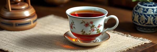 Elegant tea cup filled with rich tea resting on a textured mat surrounded by traditional decor photo