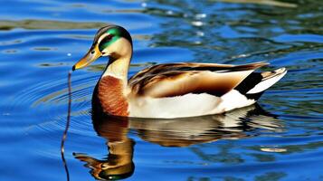 Colorful mallard duck swimming calmly in the serene water under bright sunlight in a natural setting photo