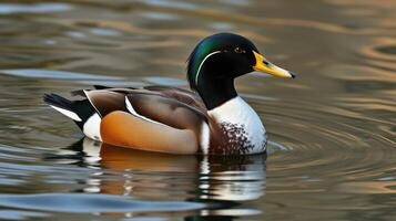 Male duck swimming gracefully on a serene pond while reflecting vibrant colors of nature photo