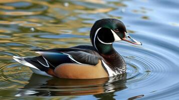Colorful duck swims peacefully in a serene pond reflecting autumn foliage photo