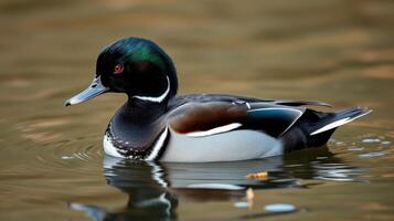 Hooded merganser swimming in calm water during late afternoon light photo