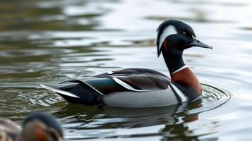 Colorful duck swimming gracefully in a tranquil pond during a sunny afternoon photo