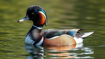 Colorful harlequin duck swims gracefully in calm water during sunny weather photo