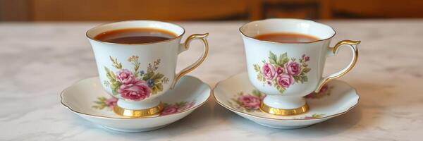 Elegant porcelain cups filled with dark coffee on a marble table setting in a cozy cafe photo