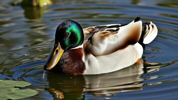 Male mallard duck swimming in a calm pond surrounded by greenery during a sunny day photo
