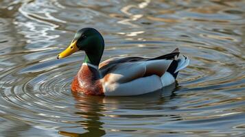 Colorful duck gliding through serene water under bright afternoon sunlight photo