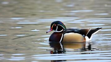Colorful wood duck swimming gracefully in a calm pond during a sunny day photo