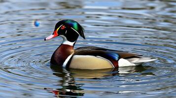 Colorful wood duck swims gracefully in a serene pond during a sunny afternoon photo