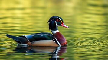 Colorful wood duck gliding on a serene pond surrounded by vibrant foliage during a peaceful afternoon photo