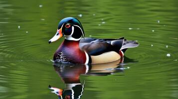 Colorful wood duck swims gracefully in a serene pond surrounded by green foliage photo
