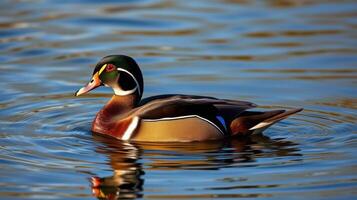 Colorful wood duck swimming gracefully in calm waters during a sunny afternoon photo
