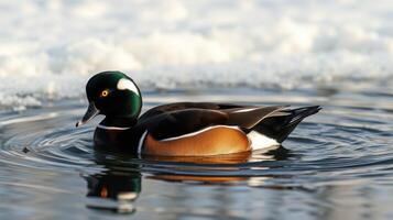 Colorful duck swims gracefully in calm water surrounded by snow during winter photo