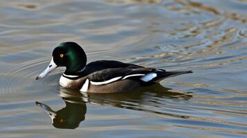 Swimming duck glides through calm waters in a serene natural environment photo