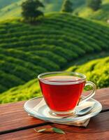 View of a warm cup of tea on a wooden table overlooking lush green tea plantations in the early morning light photo