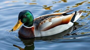Colorful mallard duck swimming in a serene pond surrounded by gentle ripples photo