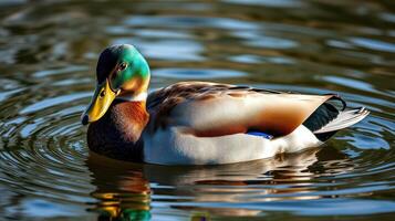 Colorful mallard duck swims gracefully in a serene pond surrounded by natural beauty during the golden hour photo