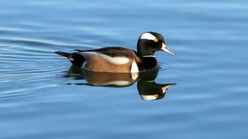 Duck swims calmly across a blue lake reflecting its vibrant plumage in the water photo