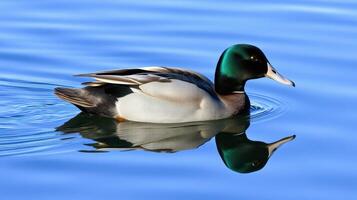 Male duck swimming gracefully in a calm blue lake with a clear reflection on the water surface photo