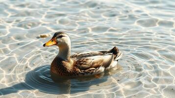 Duck swimming gracefully in a serene water body under bright sunlight photo