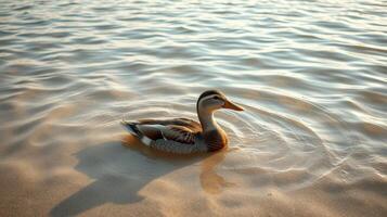 Duck swimming in calm water during sunset at a serene lakeside environment photo