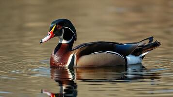 Colorful wood duck swimming gracefully in a serene pond during early morning light photo