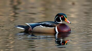 Colorful wood duck swimming gracefully in a tranquil pond during early morning light photo