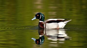 Mallard duck swimming in calm waters during a sunny afternoon in a serene natural setting photo